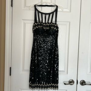 Vintage Niteline Black Sequin Beaded Fringes Sleeveless Cocktail Dress Size 4